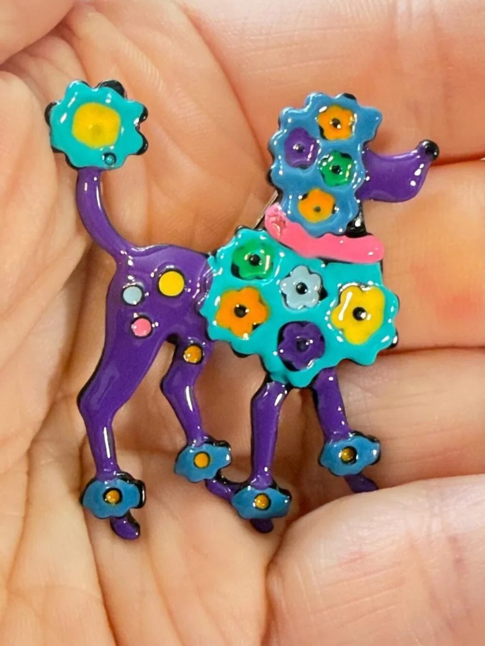 Poodle Dog Brooch Colorful Mosaic Style Glossy Enamel Purple Floral Pin 1.85 in